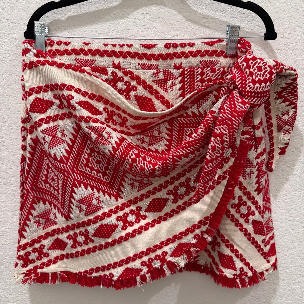 Judith March Red Cream Geometric Woven Faux Wrap Mini Skirt Large Boho Fringe
